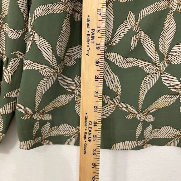 LOFT sz XL Green Tan Floral Abstract Balloon Sleeve Button Popover Blouse Office - Picture 5 of 9